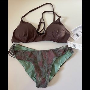 🔥🔥 RVCA Women 2 Piece Swimsuit Cross Back Top Palmer Low Cheeky Bottoms …